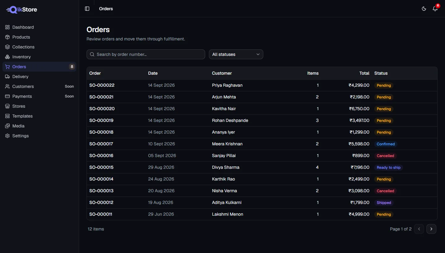 Orders list in the QikStore admin